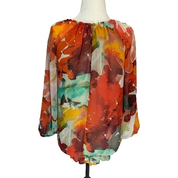 CALVIN Klein Multi Colour Round Neck Peasant Top Blouse Size XS - Picture 5 of 10
